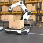 The Robot arm picks up the box to Autonomous Robot transportatio