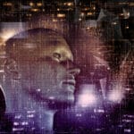 3D techno background with male head and programming code