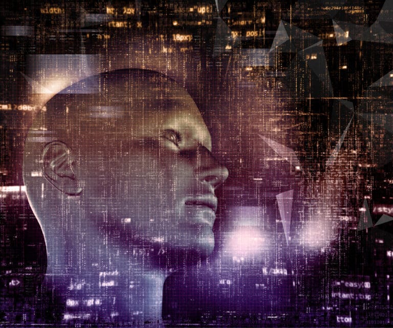 3D techno background with male head and programming code
