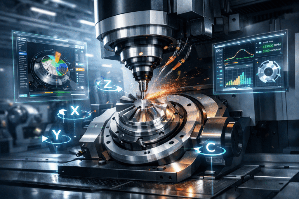 maquina cnc de 5 eixos em funcionamento com software