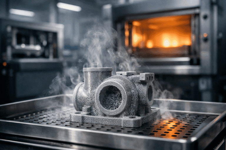 Imagem realista do processo de debinding na impressão 3D de metal, mostrando peça metálica porosa sobre bandeja industrial, com forno de sinterização ao fundo em ambiente fabril moderno.