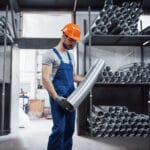 Portrait of a young worker in a hard hat at a large metalworking plant. Shiftman on the warehouse of finished products