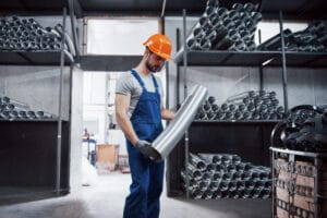 Portrait of a young worker in a hard hat at a large metalworking plant. Shiftman on the warehouse of finished products